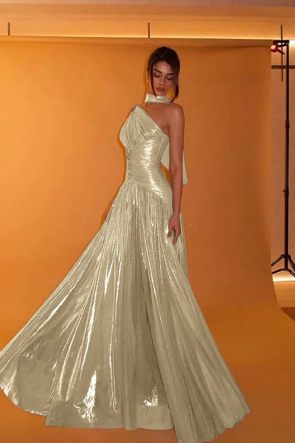 Charming One Shoulder Sleeveless Beaded Pleated Eevening Dress with Scarf