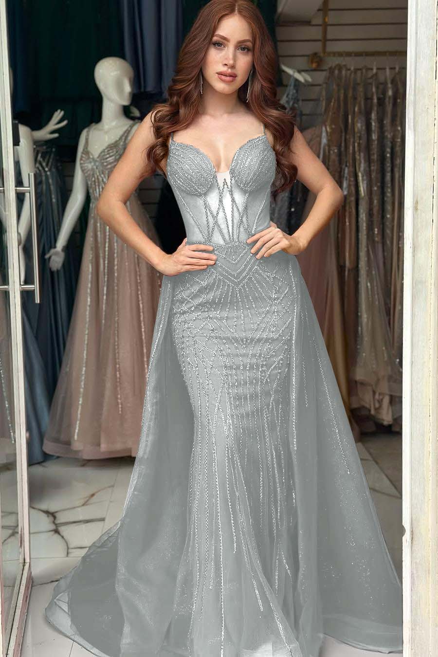 Elegant Red Sequins Spaghtti Strap Sleeveless Sweetheart Prom Dress with Detachable Train
