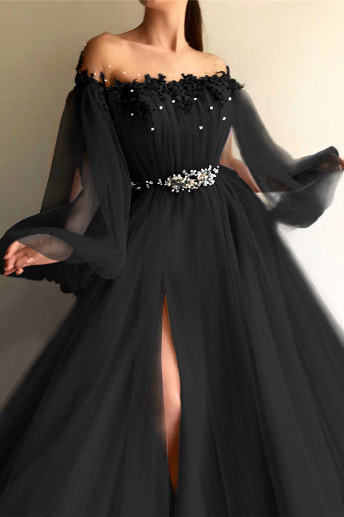 Chic Off-the-Shoulder Long Sleeves Elegant Evening Dresses With Beads