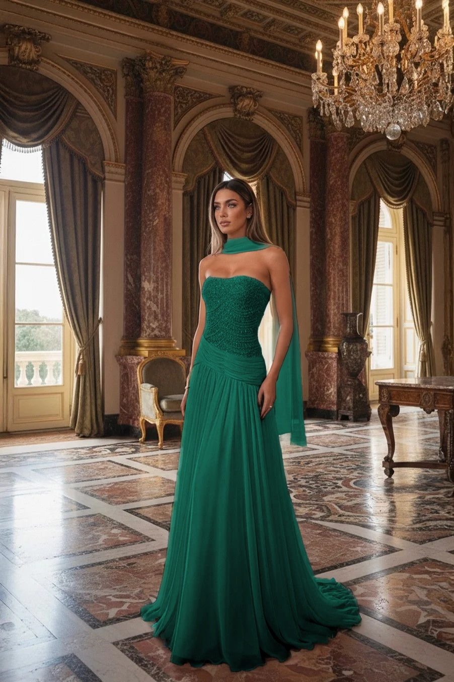 Strapless Beadings Sleeveless Square Prom Dress With Scarf