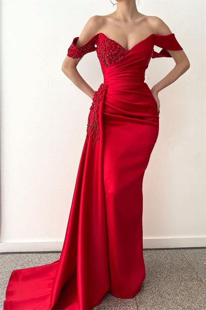 Beadings V-Neck Off-The-Shoulder Prom Dress Long With Ruffles Mermaid Red