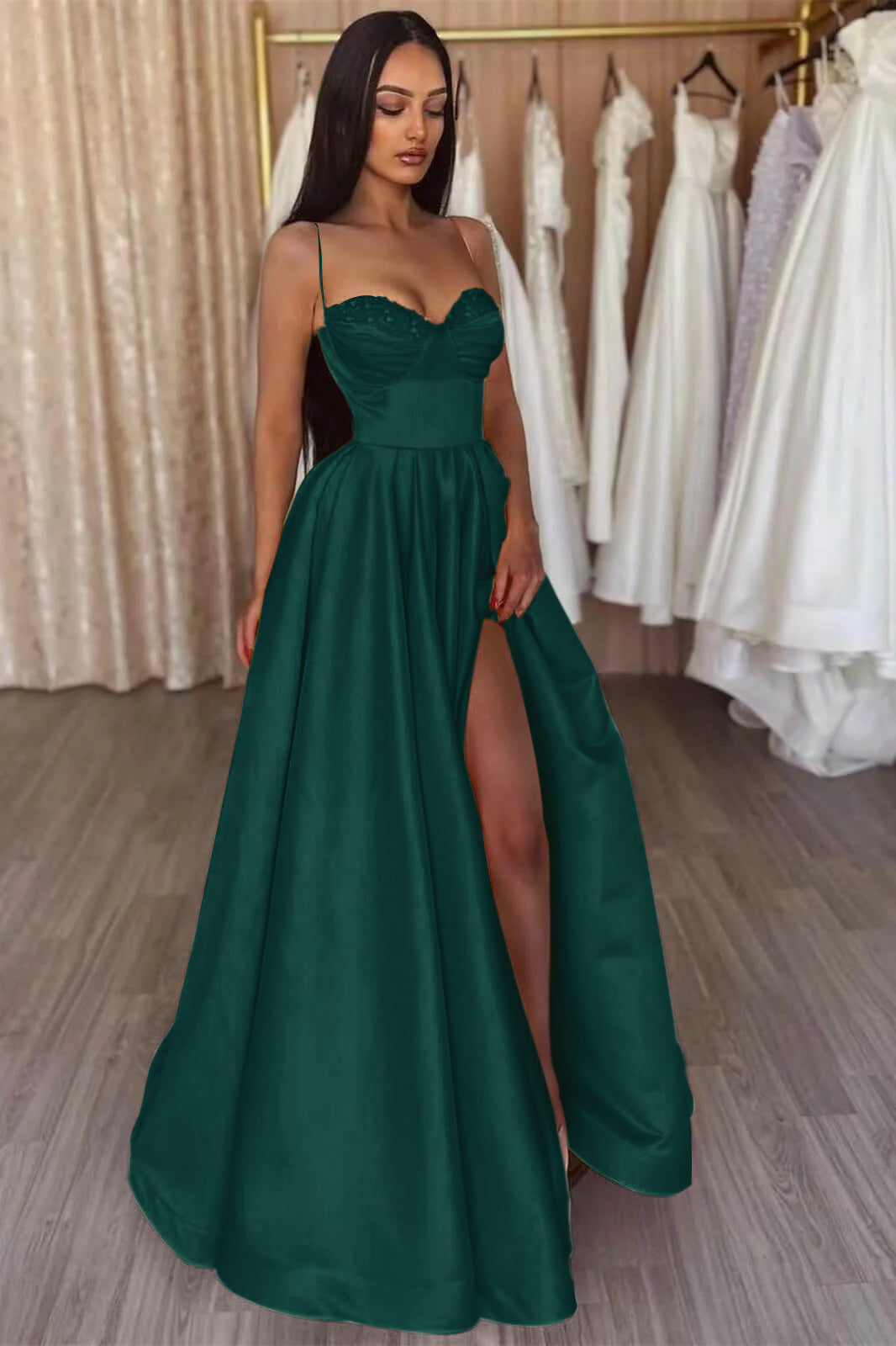 Yellow Slit Evening Dress A Line With Spaghetti-Straps
