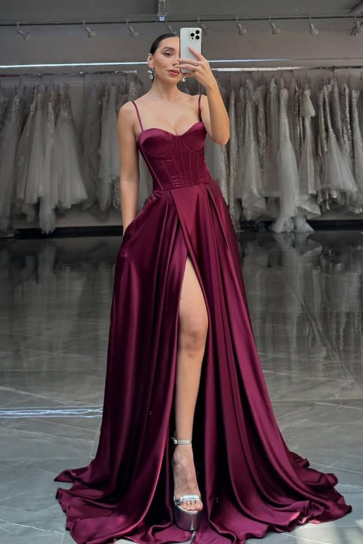 Chic Burgundy Satin Sleeveless Spaghtti Strap Sweetheart Prom Dress with Split