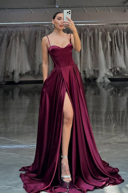 Chic Burgundy Satin Sleeveless Spaghtti Strap Sweetheart Prom Dress with Split