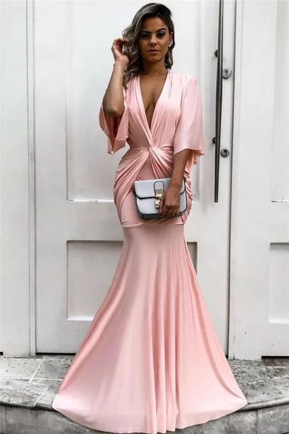 Light Pink Half Sleeves Mermaid Prom Dress
