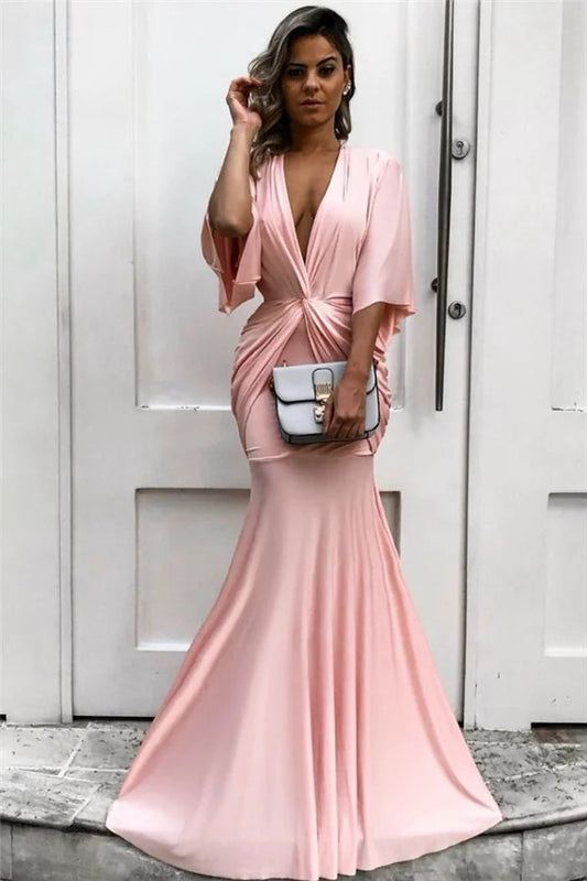 Light Pink Half Sleeves Mermaid Prom Dress