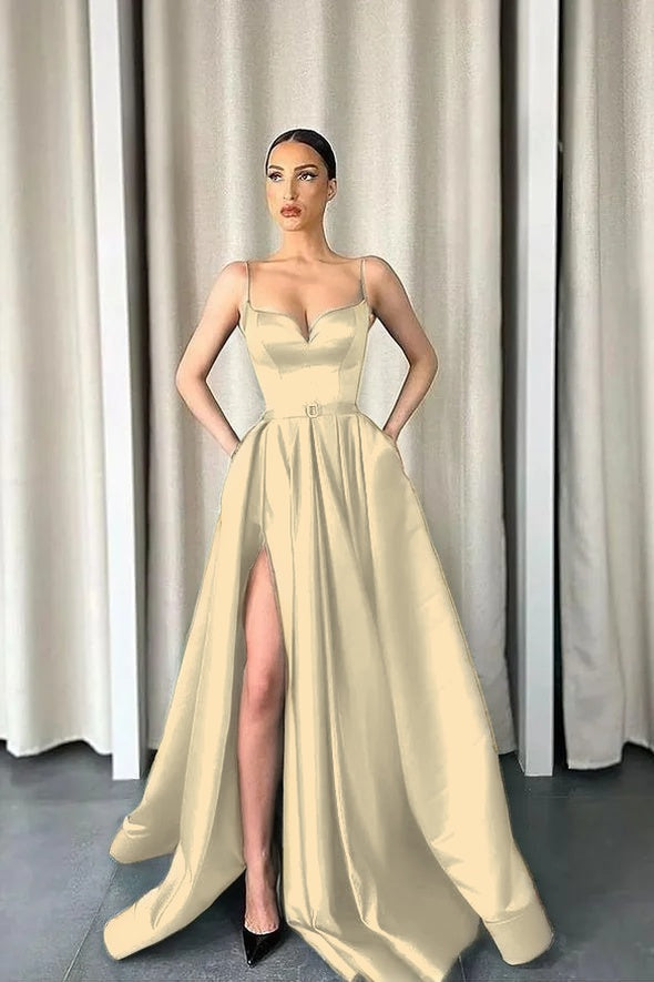 Dark Green Spaghetti-Straps A-Line V-Neck Long Prom Dress With Split