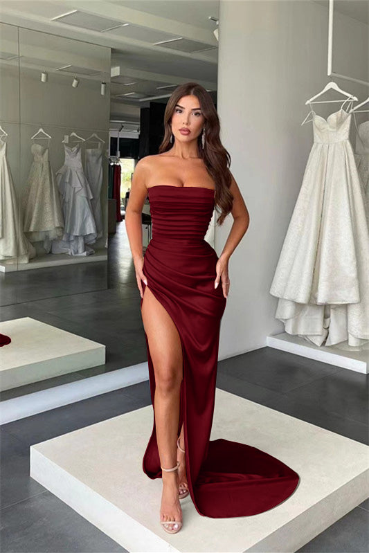 Amazing Coral Strapless Mermaid Prom Dress With Pleats Slit