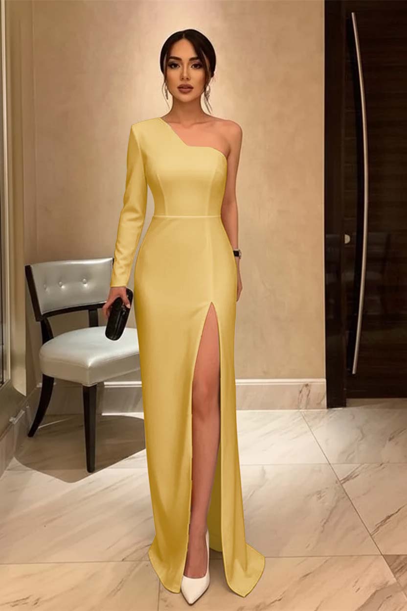 One Shoulder Black Long Sleeve Prom Dress