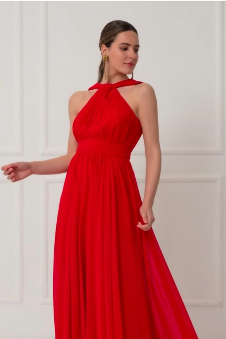 Red Simple Sleeveless Halter Strap A-Line Prom Dress