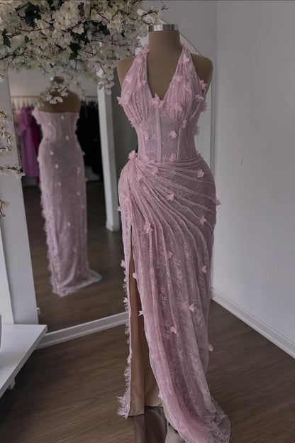 Elegant Sleeveless Halter Straps V-Neck Split Long Evening Dress With Appliques
