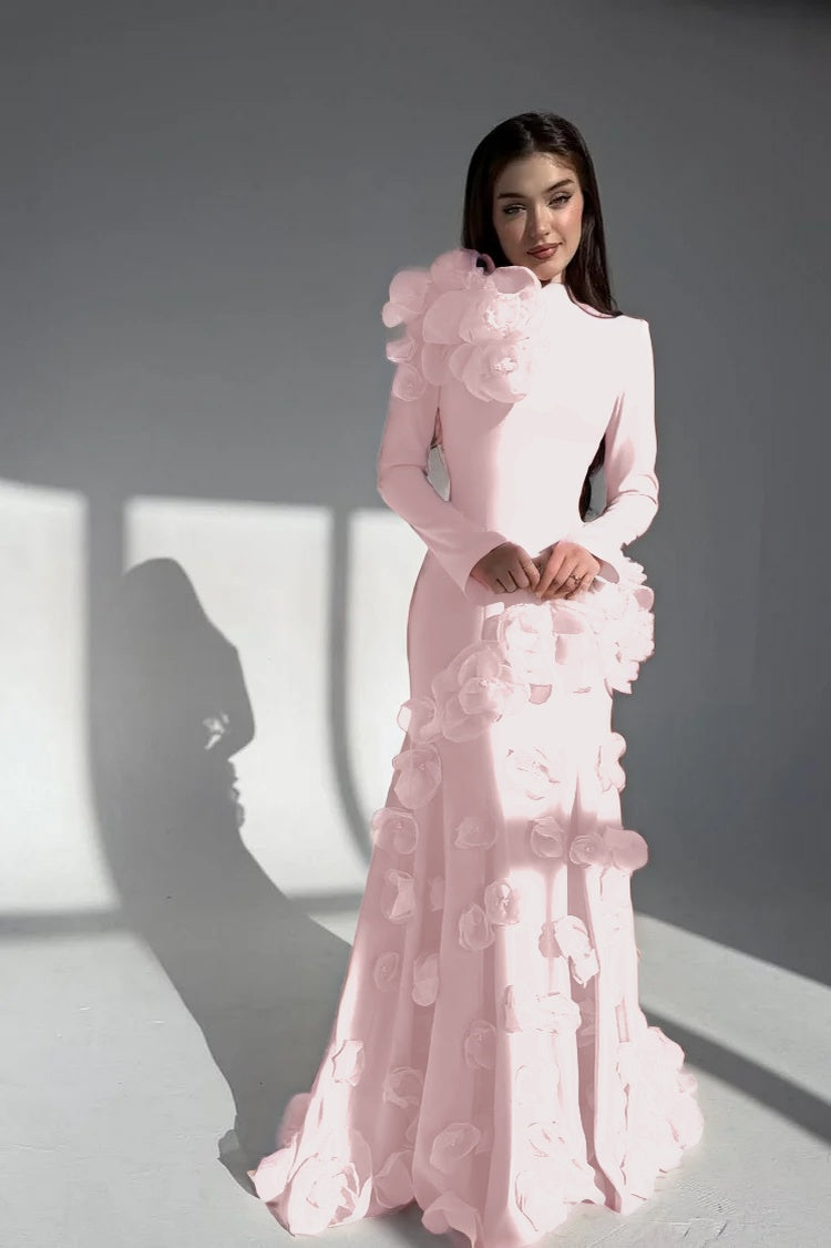 Elegant Long Sleeves Long Evening Dress With Handmade Flower
