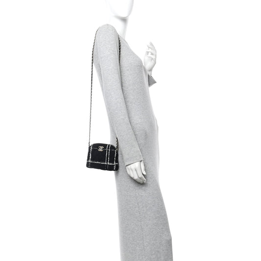 Tweed Quilted Mini Clutch With Chain  Black White