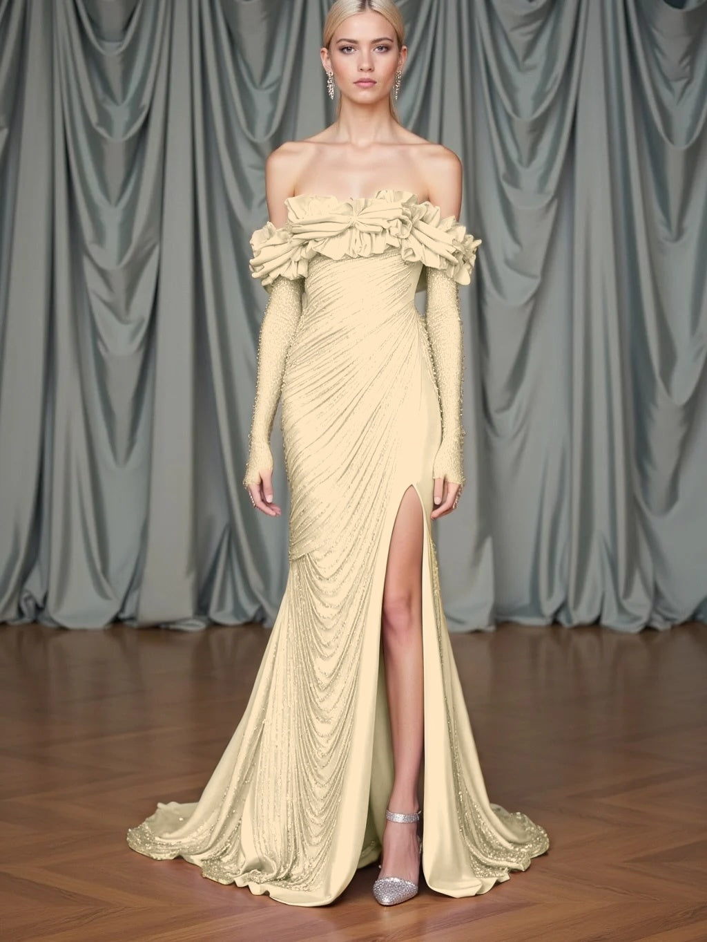 Long Sleeves Strapless Mermaid Slit Prom Dress With Sequins