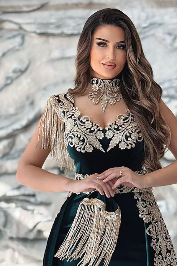Sleeveless V-Neck Applique Slit Mermaid Evening Dress Dark Green