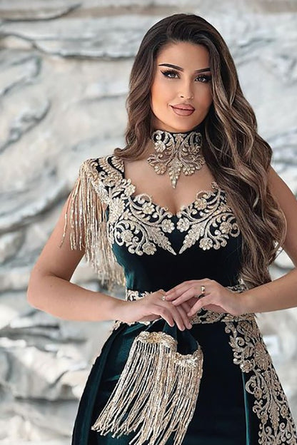 Sleeveless V-Neck Applique Slit Mermaid Evening Dress Dark Green