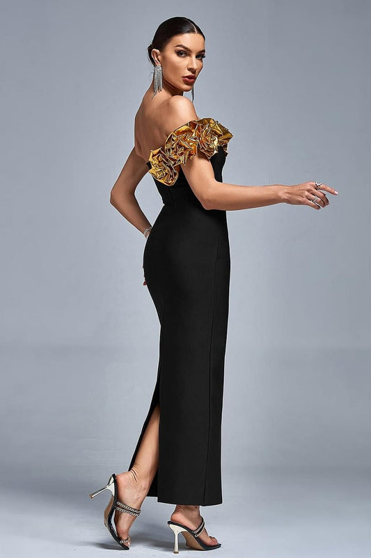 Stunning Black Satin One Shoulder Strapless Mermaid Prom Dress with Ruffles