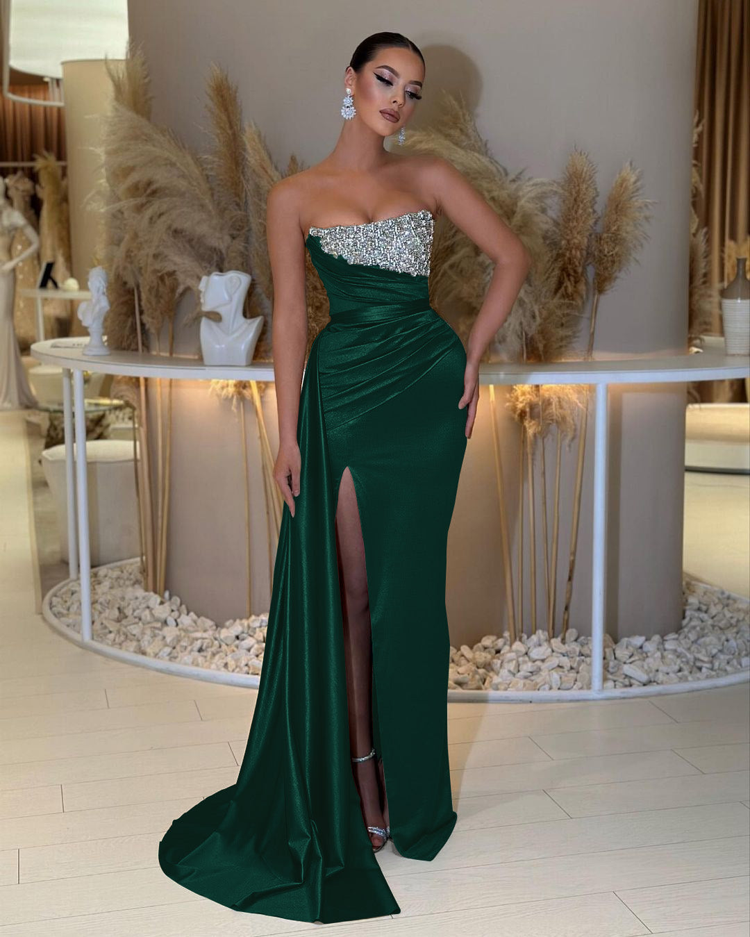 Strapless Beading Sleeveless Slit Prom Dress with Ruffle