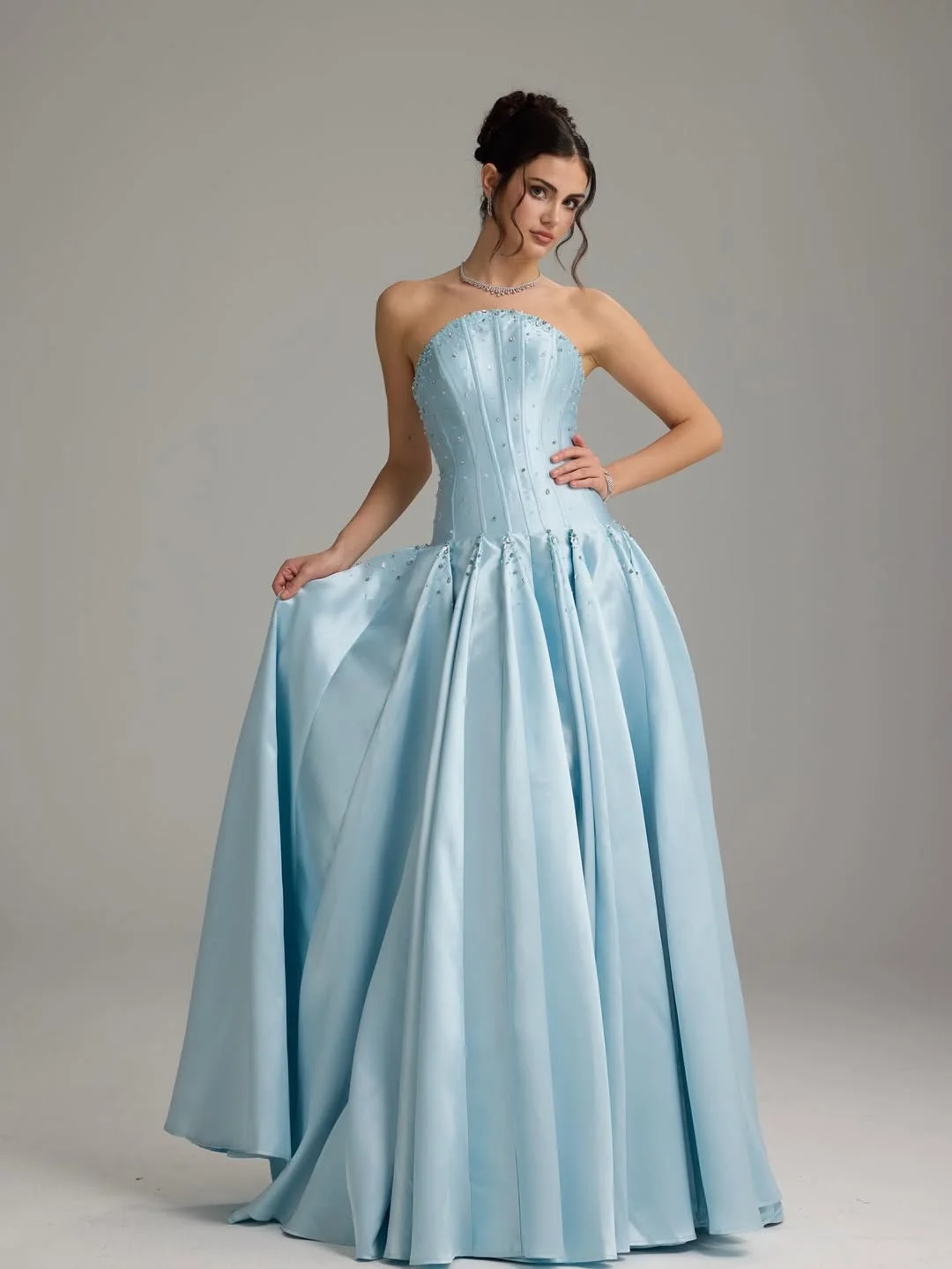 Graceful Sky Blue Straight Across Sleeveless Beaded Pleated Evening Dress