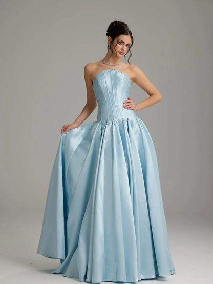 Graceful Sky Blue Straight Across Sleeveless Beaded Pleated Evening Dress
