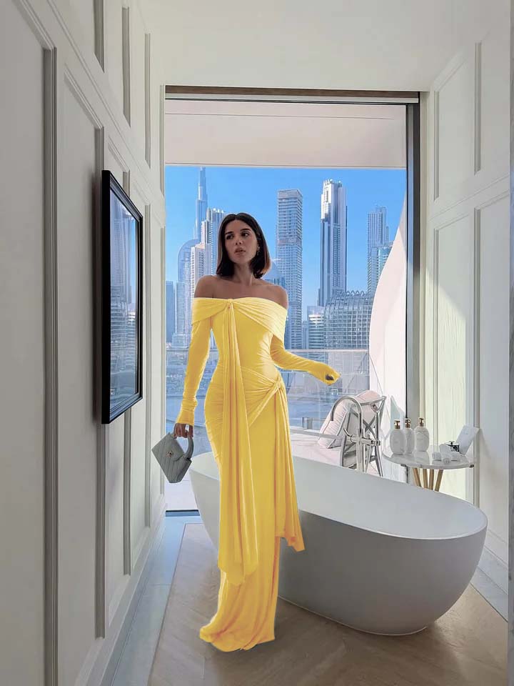 Chic Sky Blue Off-The-Shoulder Long Sleeves Pleated Chiffon Evening Dress