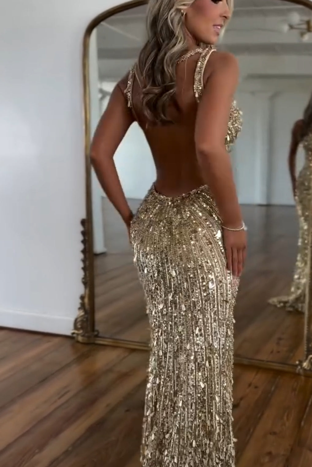 Charming Gold Sequins Spaghetti Strap Sleeveless V Neck Long Prom Dress with Split