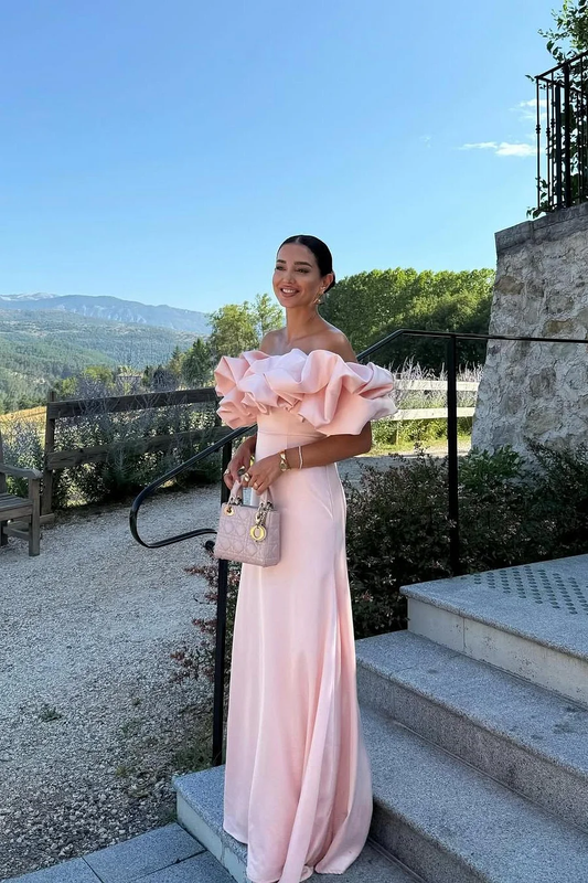 Satin Sleeveless Off-The-Shoulder Long Evening Dress With Pleated