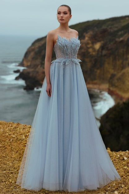 Gorgeous Blue Tulle Strapless Sleeveless Beaded Pleated Prom Dress