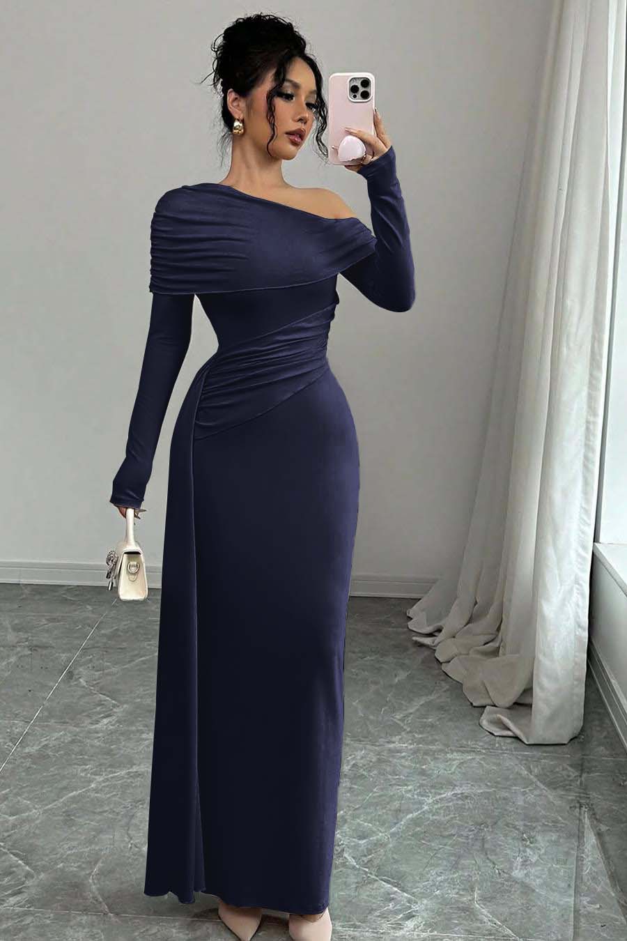 Long Sleeves One-Shoulder Pleated Mermaid Prom Dress