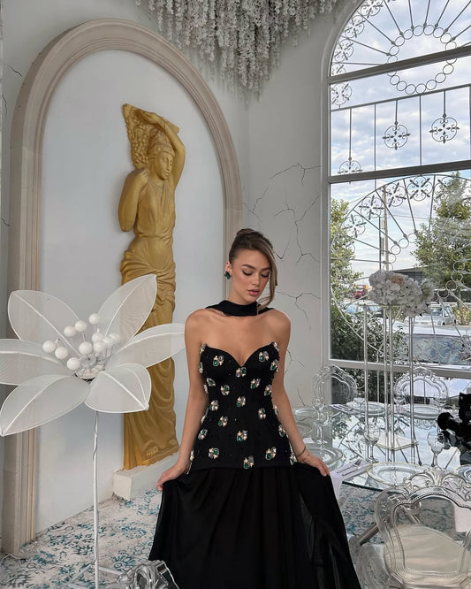 Black Sleeveless A Line Sweetheart Long Prom Dress With Beads