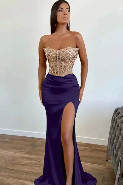 Green Applique Beadings Mermaid Prom Dress Slit With Strapless