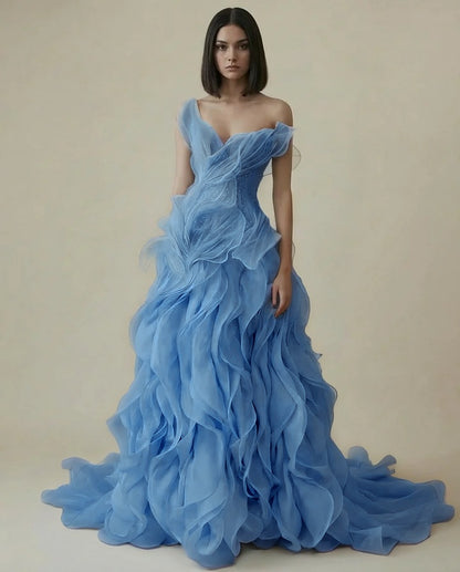 Dreamy Sky Blue V-Neck Pleated Ruffles Long Evening Dress