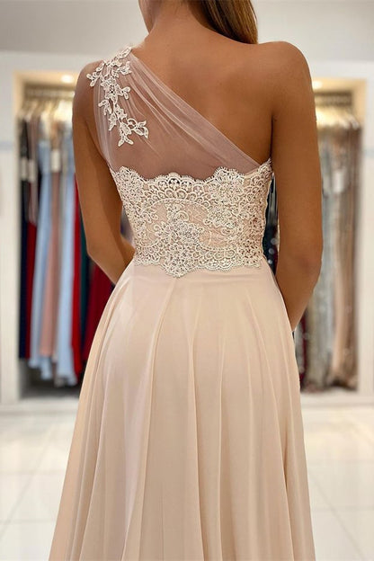 Glamorous One Shoulder Lace Appliques Prom Dress Front Slit
