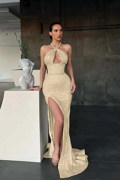 Sleeveless Halter Long Sequins Mermaid Evening Dress With Slit