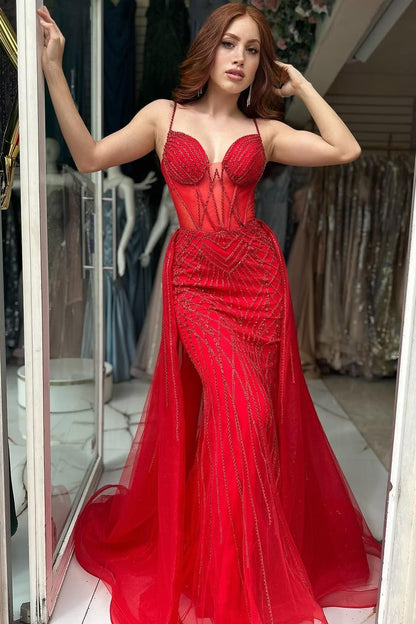 Elegant Red Sequins Spaghtti Strap Sleeveless Sweetheart Prom Dress with Detachable Train