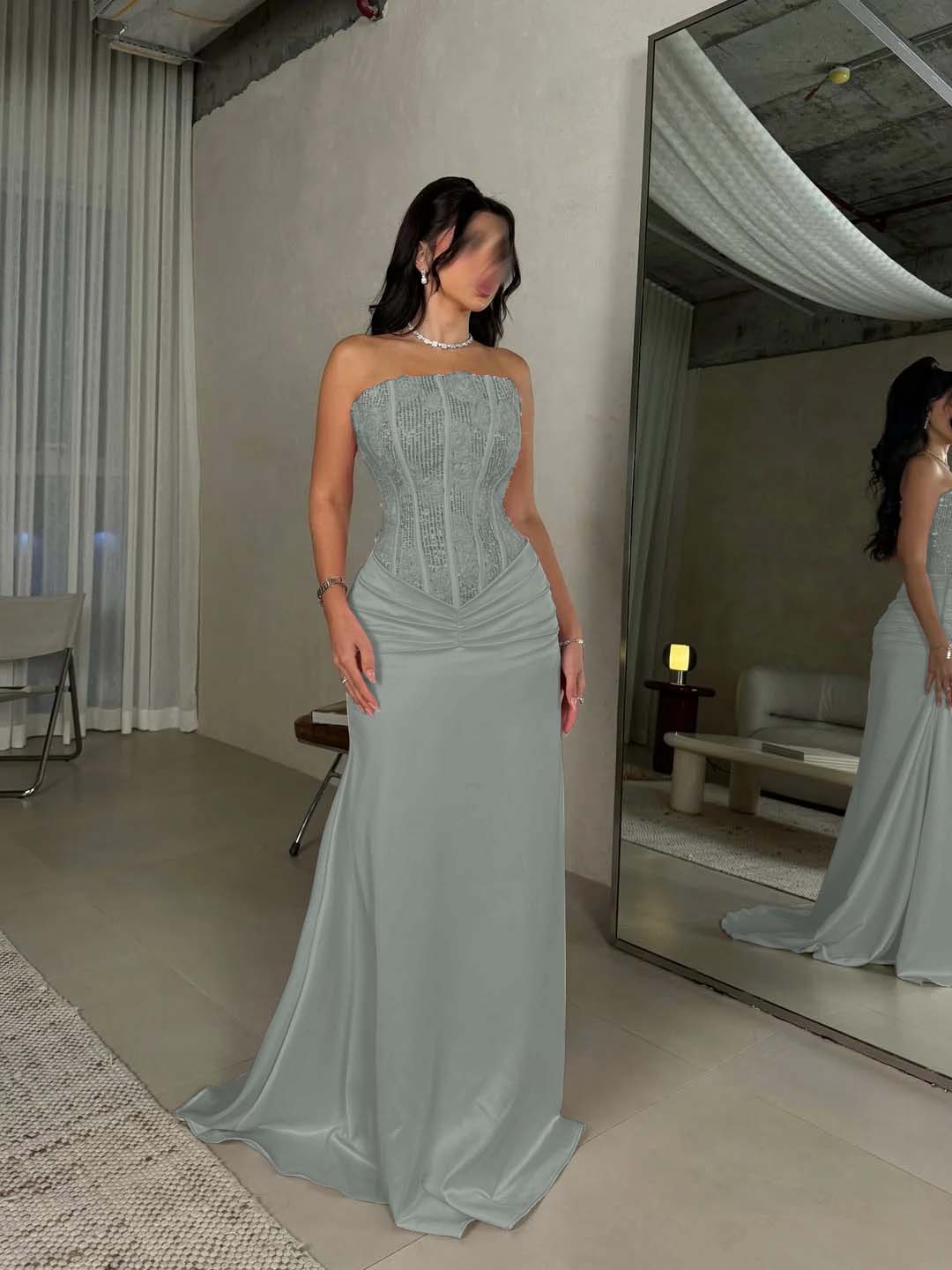 Sleeveless Square Mermaid Strapless Beads Prom Dress