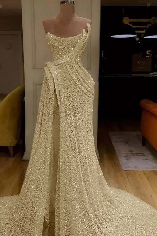 Mermaid Strapless Long Prom Dress Slit With Sequins