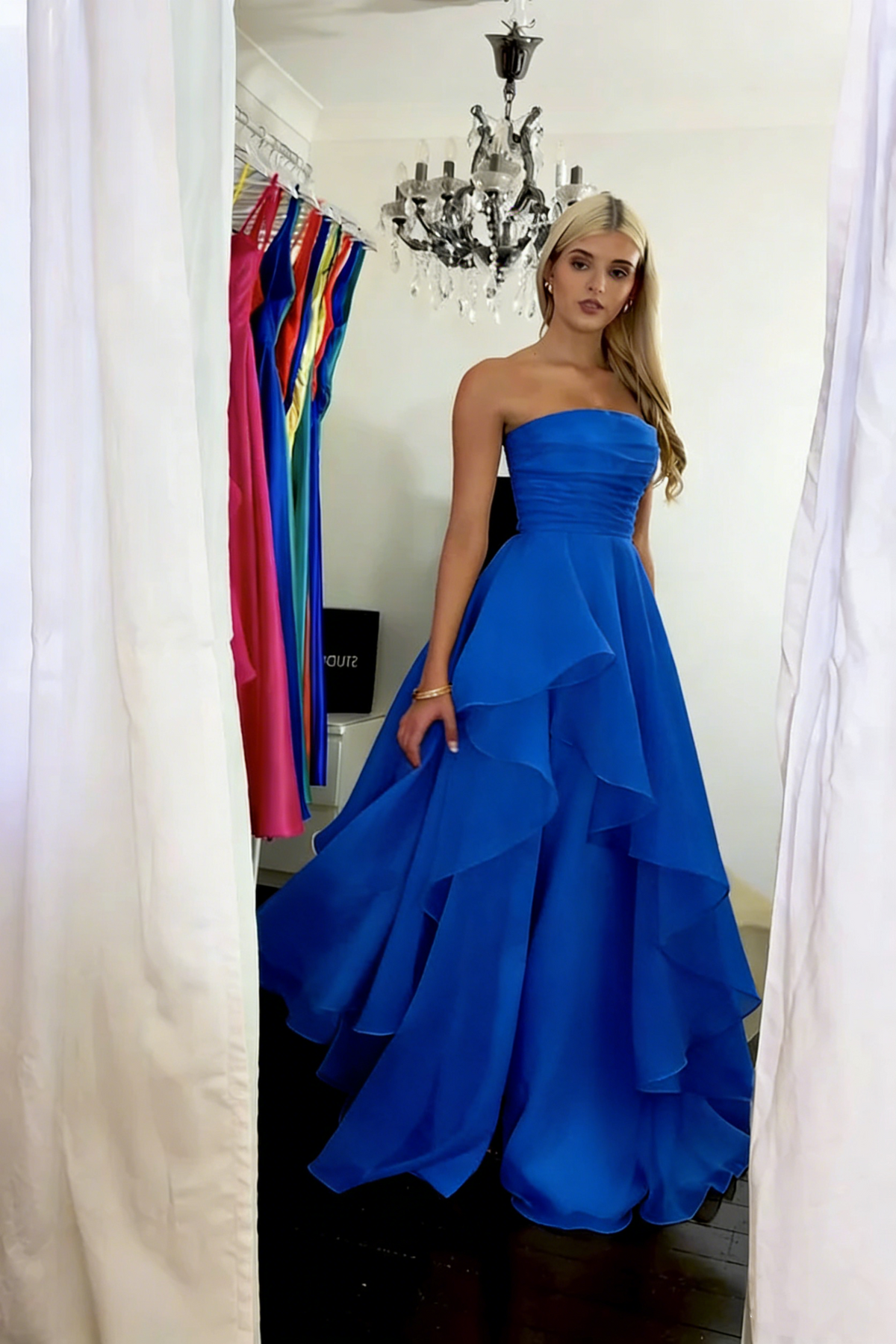 Classy Strapless Yellow Satin Tulle Slit Long Prom Dress Formal Birthday Party Dress D1141