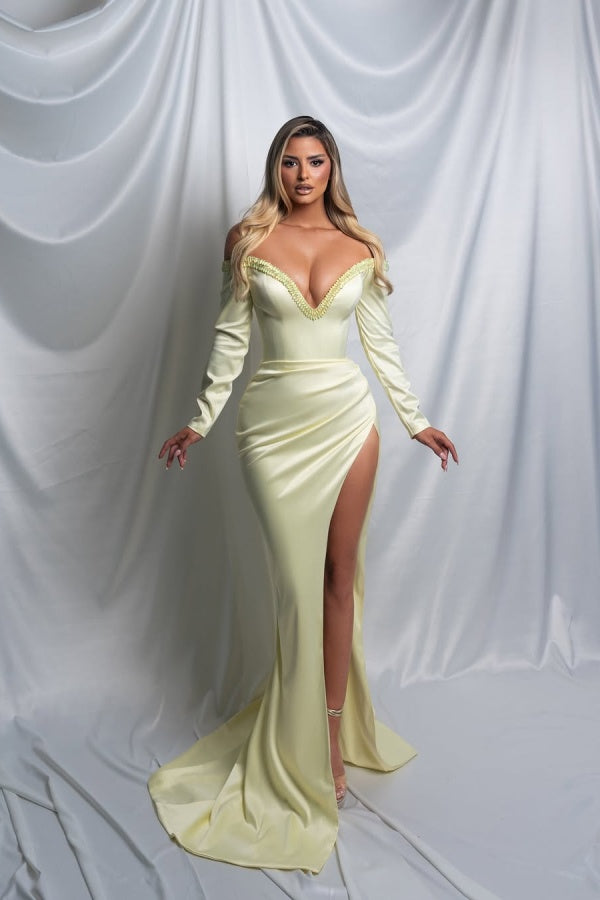 Luxurious Satin V Neck Slim Long Sleeves Prom Dress with Split