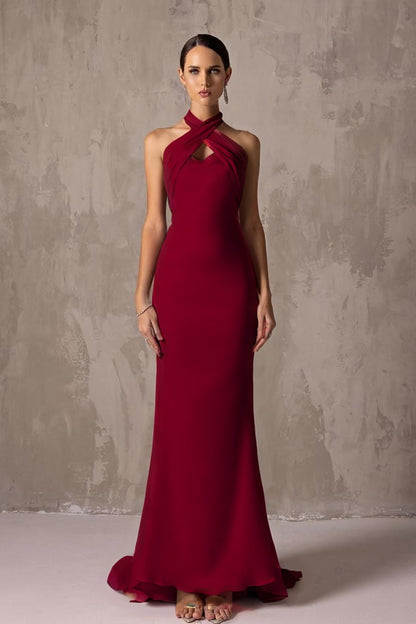 Elegant Blushing Pink Satin Halter Sleeveless Long Prom Dress with Pleated