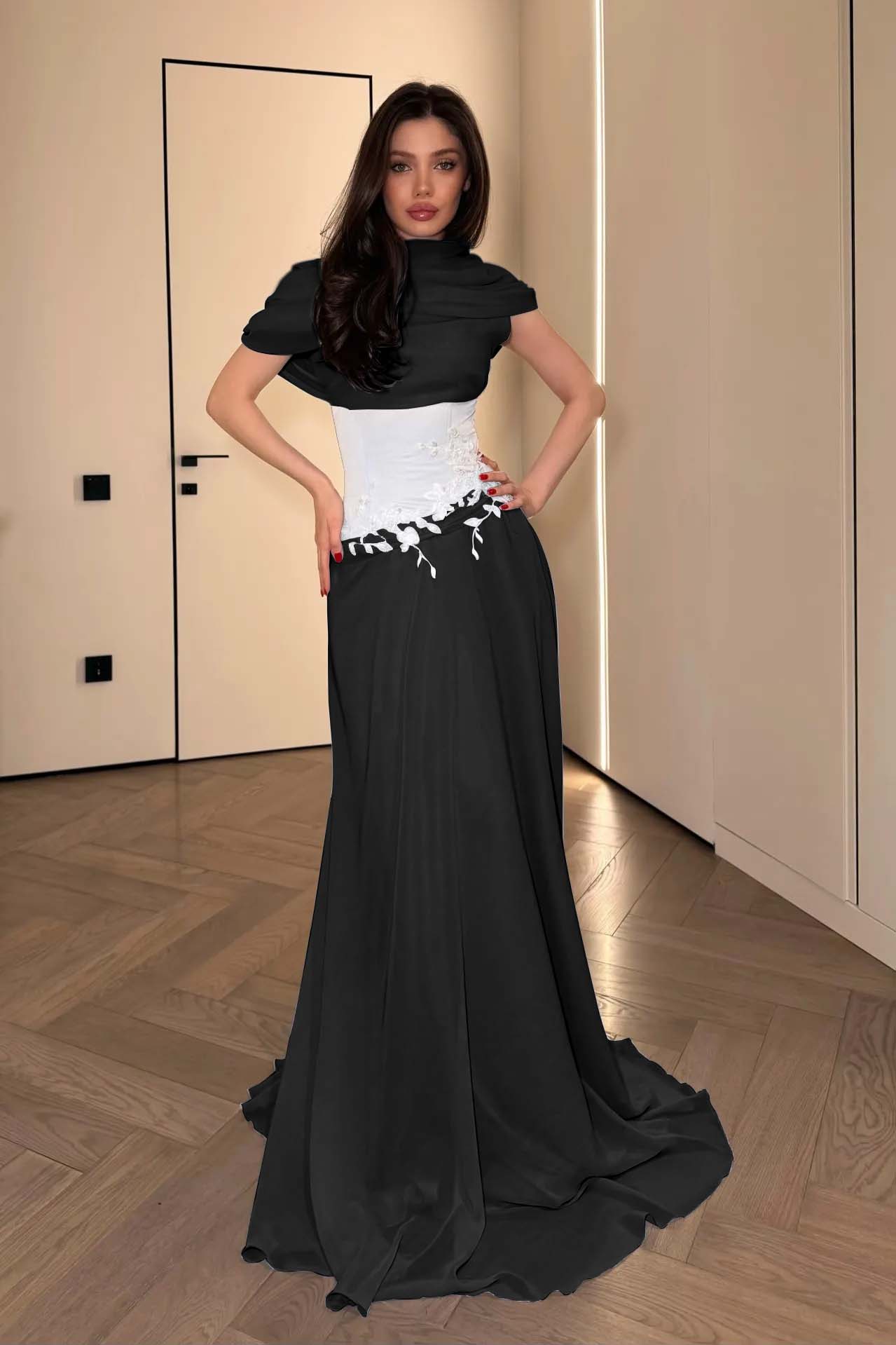 Stunning Chiffon Pleated Embroidery Evening Dress with Draped Shawl Neck