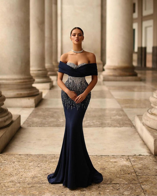 Dark Blue Sweetheart Off-The-Shoulder Mermaid Prom Dress With Beads