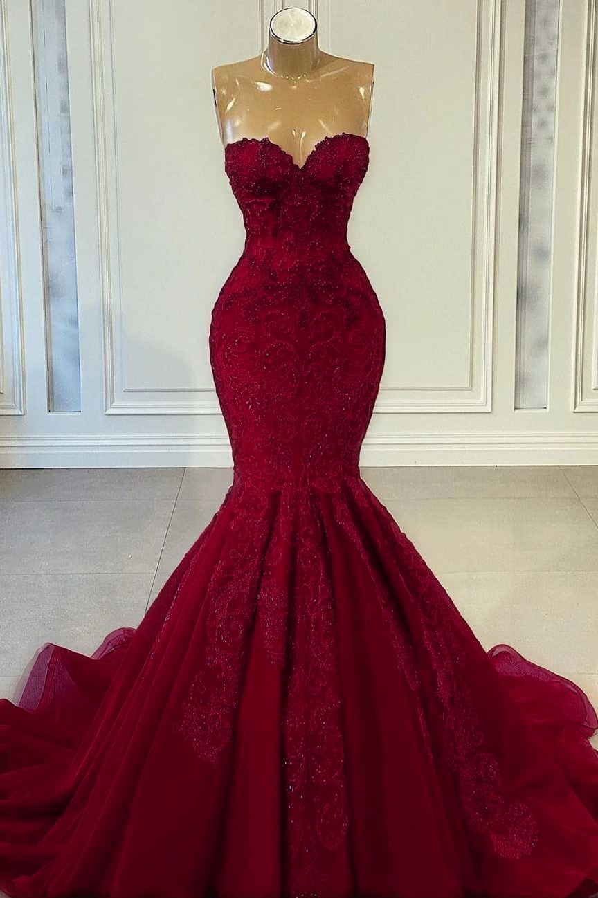 Sweetheart Red Sleeveless Mermaid Prom Dress With Beadings