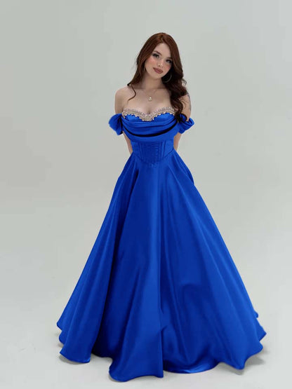 Elegant Off-The-Shoulder Beadings A-Line Pletaed Evening Dress
