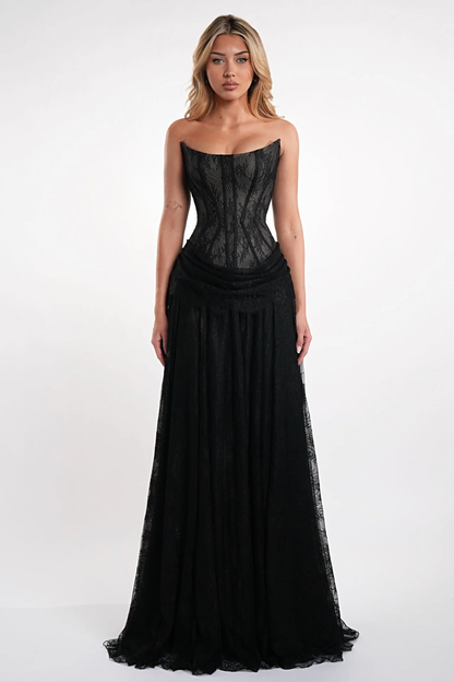 Elegant Black Strapless Evening Dress Sheath Floor Length With Lace
