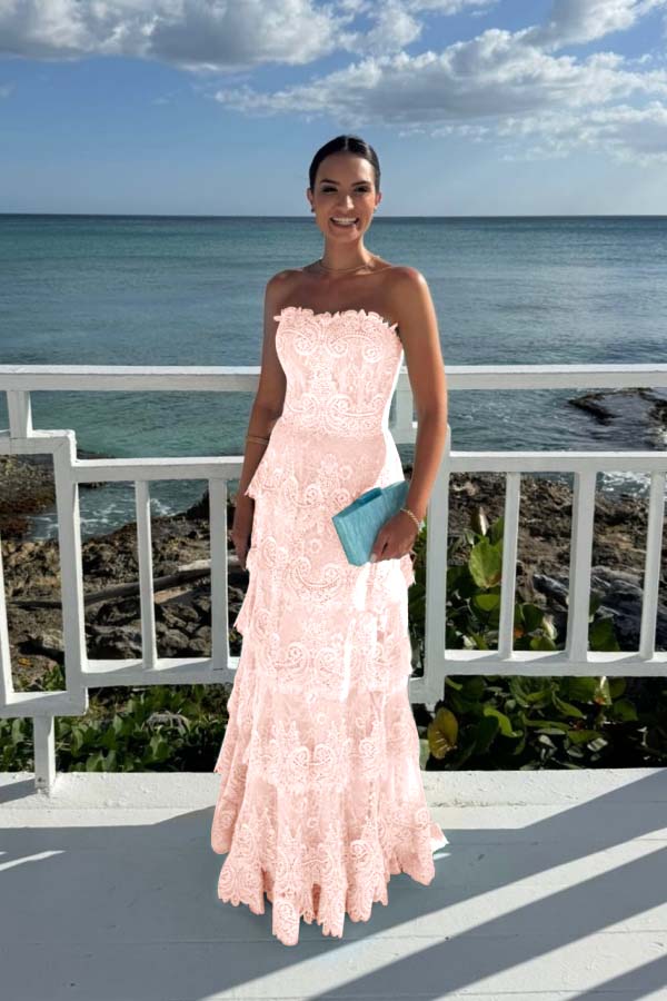 Elegant Mint Green Lace Strapless Sleeveless Prom Dress with Ruffles