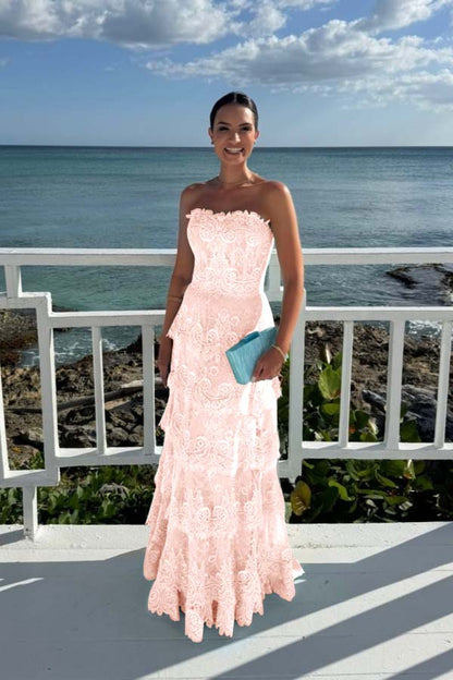 Elegant Mint Green Lace Strapless Sleeveless Prom Dress with Ruffles