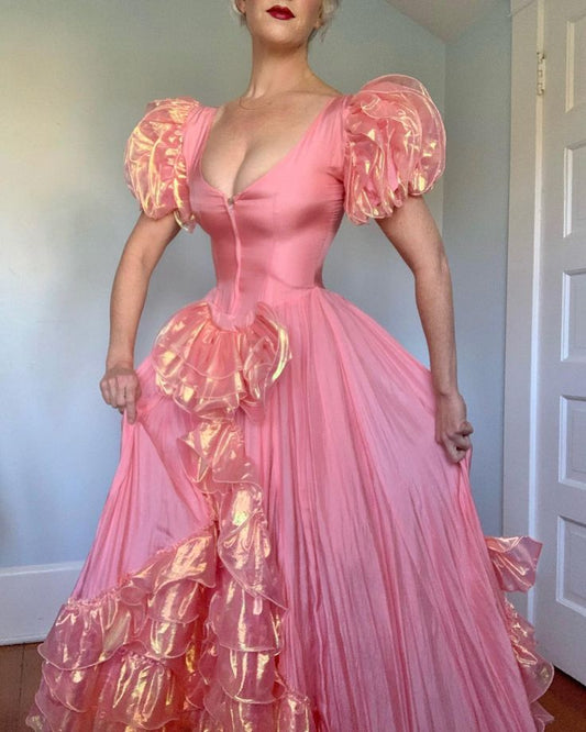 Pink Ruffle A Line Puff V Neck Satin Birthday Dress Party Dress Evening Dress SH3604