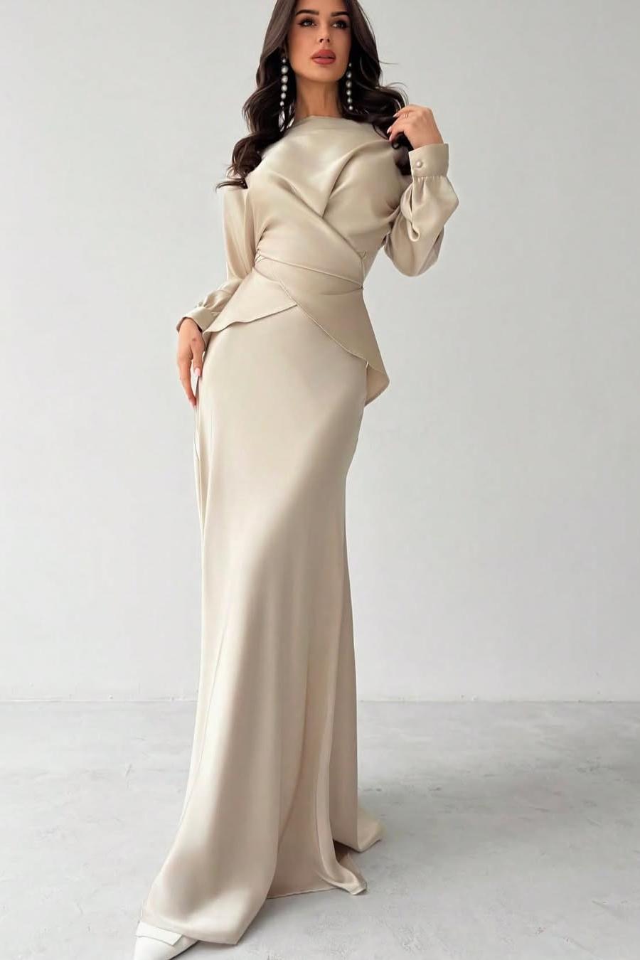 Glamorous Champagne Satin Long Sleeves Jewel Neck Slim Prom Dress