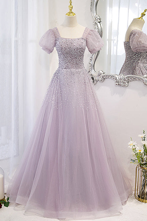 Lace-Up Prom Dress Beadings Short Sleeves With Square Online